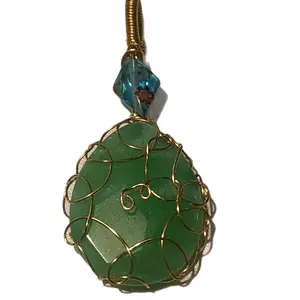 Beautiful Green Aventurine Wire Wrapped Pendant with Gold Accents and Blue Accent Bead for Adults