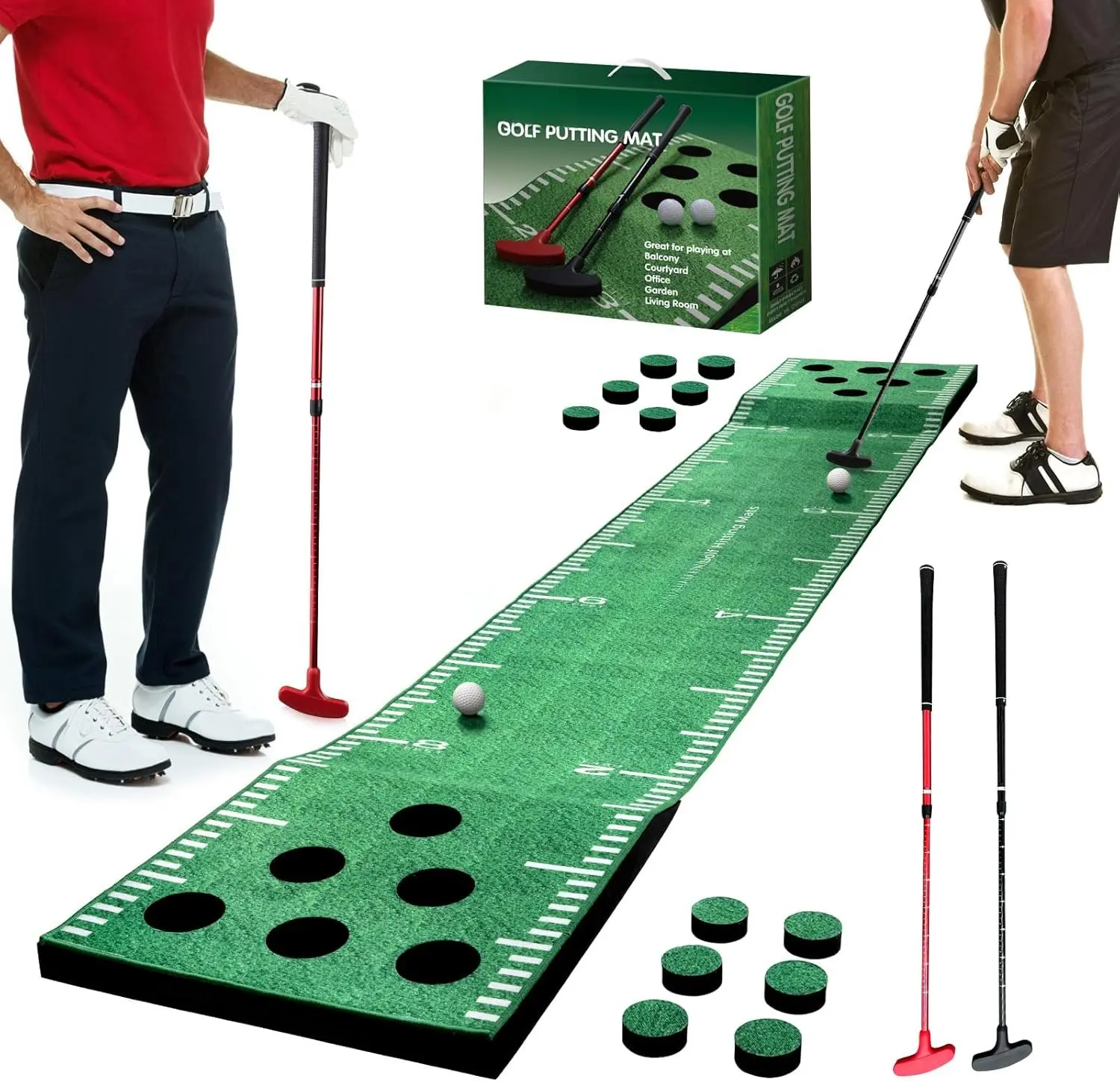 Indoor Golf Putting Green Mat with 2 Putters, 2 Balls, 12 Golf Head Covers, Ideal for Parties, Gifts for Men, Christmas, Father's Day, Compact, Synthetic, Birthdays