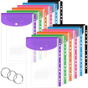 12 Pack 11 Holes Expandable Transparent Plastic Binder Folders Document Pouch with Snap Button & Label for School Home Office Vertical-Opening