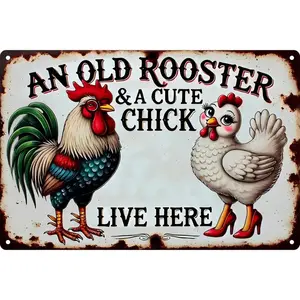 Vintage Chicken Coop Metal Signs - An Old Rooster & A Cute Chick Live Here Chicken Tin Sign, Funny Metal Signs Accessories Outdoor Home Wall Decor 8x12 inch, Home Decor Products, Yard Sign,summervibes