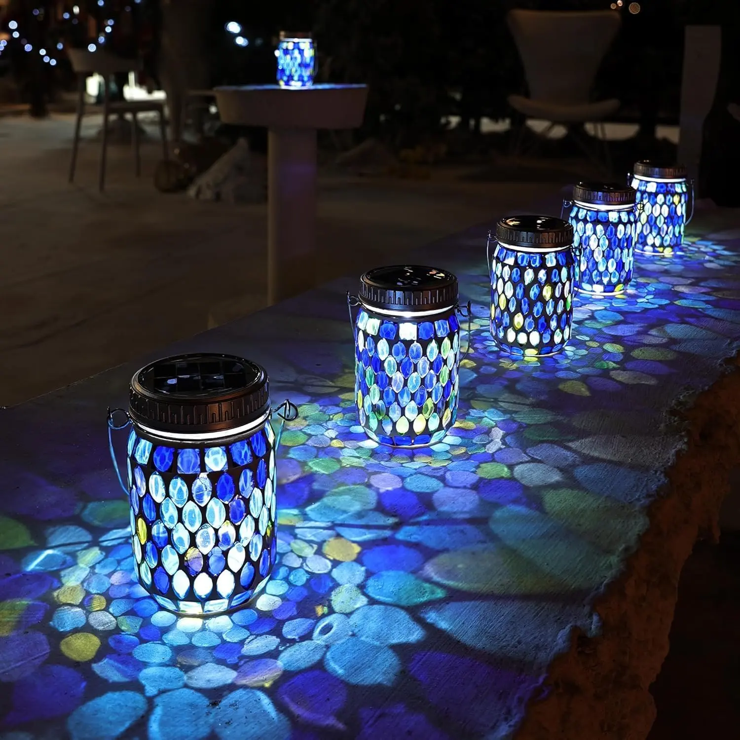 4 Pack Mosaic Lanterns Outdoor  with 215% Larger Solar Panel, Never Rust Lids, True Capacity - Solar Mason Mosaics Jar Lantern for Patio Garden Yard Balcony Hanging or Table