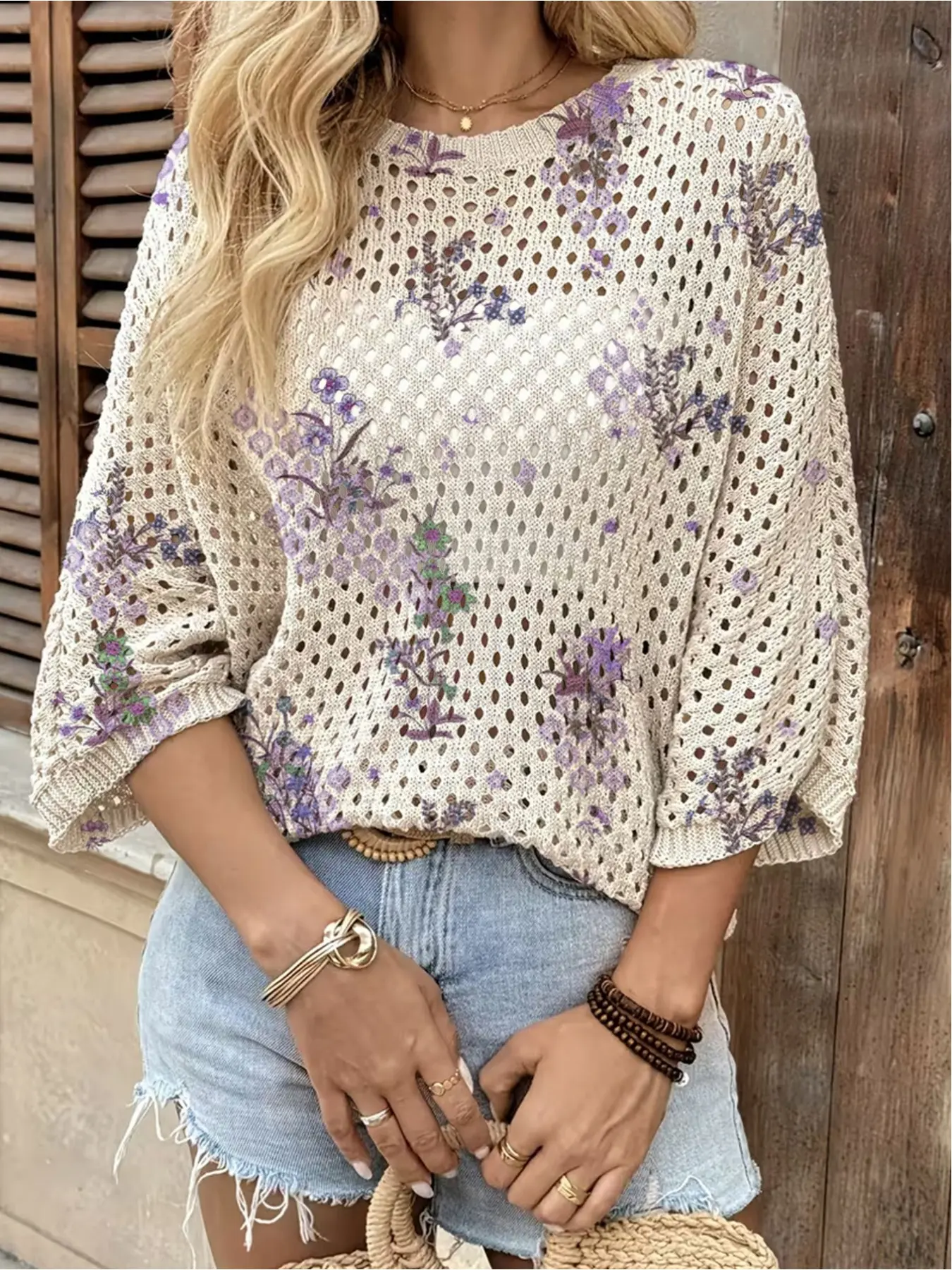 Spring/Summer collection, crew neck hollow-out loose batwing raglan sleeve cover-up, color-block botanical print women's knitted top, vacation style, casual, bikini cover-up, Swimsuit coverups