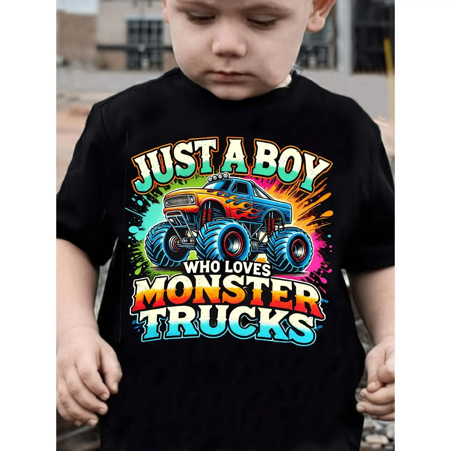 Boys' Breathable Monster Truck Print Casual Round Neck T-shirt, "Just A Boy Who Loves Trucks" Design, Style TX31220, Quality Breathable Tee, Casual Wear, Graphic Printed