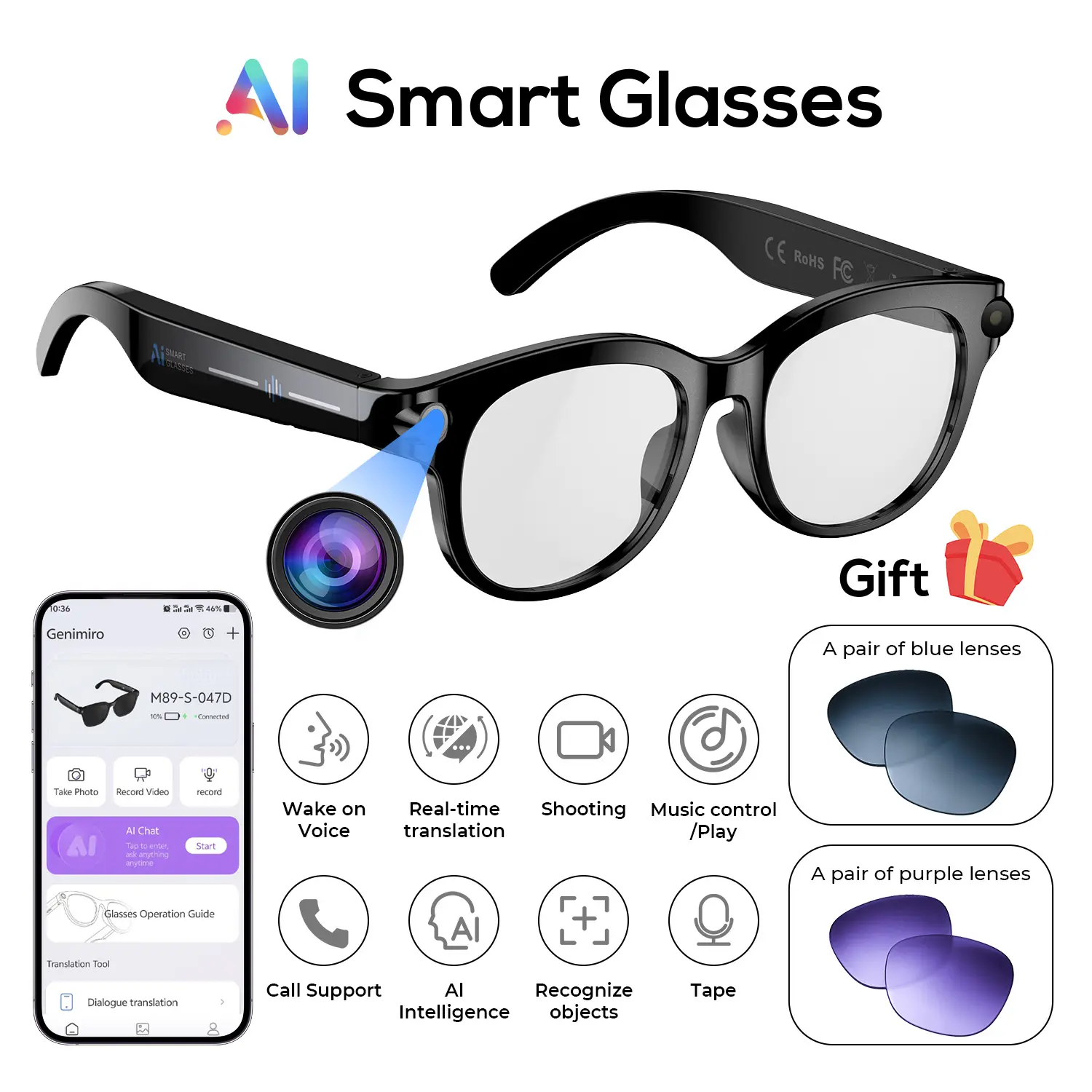 800W HD Camera smart sport glasses, AI Smart Glasses，Photo/Video/Recording (Light On When Recording), remote shutter controlAi Voice Assistant, Object Recognition, Bluetooth Music Control & Call, multilingual translation, Lightweight Wear, Meta Glasses