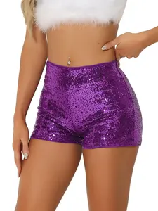 INSPIRE CHIC Sequin Shorts Midrise Solid Zipper Elastic Waist Sparkle Night Out Shorts Purple