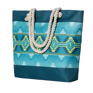 Nu Trendz Waterproof Zippered Beach Bag w/ Aztec Print Large Boho Tote for Pool Vacation & Shopping