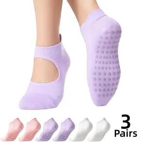 3 Pairs Non-Slip Yoga Socks for Women with Grips & Cutout Design | Anti-Skid Pilates, Barre, Ballet & Home Workout Socks | Breathable Cotton Hospital Grip Socks