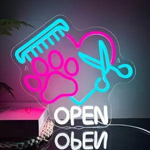 Pet Shop Open Neon Sign, Paw Neon Sign, USB Powered LED Dimmable Scissors Sign, Suitable for Pet Shop Commercial Signage, Pet Spa, Pet Salon, Animal Clinic Decoration, Pet Grooming and Welcome Sign (13.3 * 12.2 in)