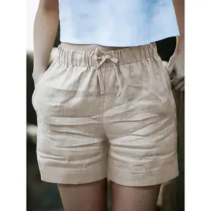Women's high-waisted casual shorts, linen texture with drawstring waistband, spring/summer shorts