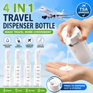4-in-1 Travel Cosmetic Dispenser Bottle, Leak-Proof Refillable Silicone Squeeze Container with Lock, Compact Lightweight Toiletry Organizer, Easy to Carry for Business Trips, Vacations