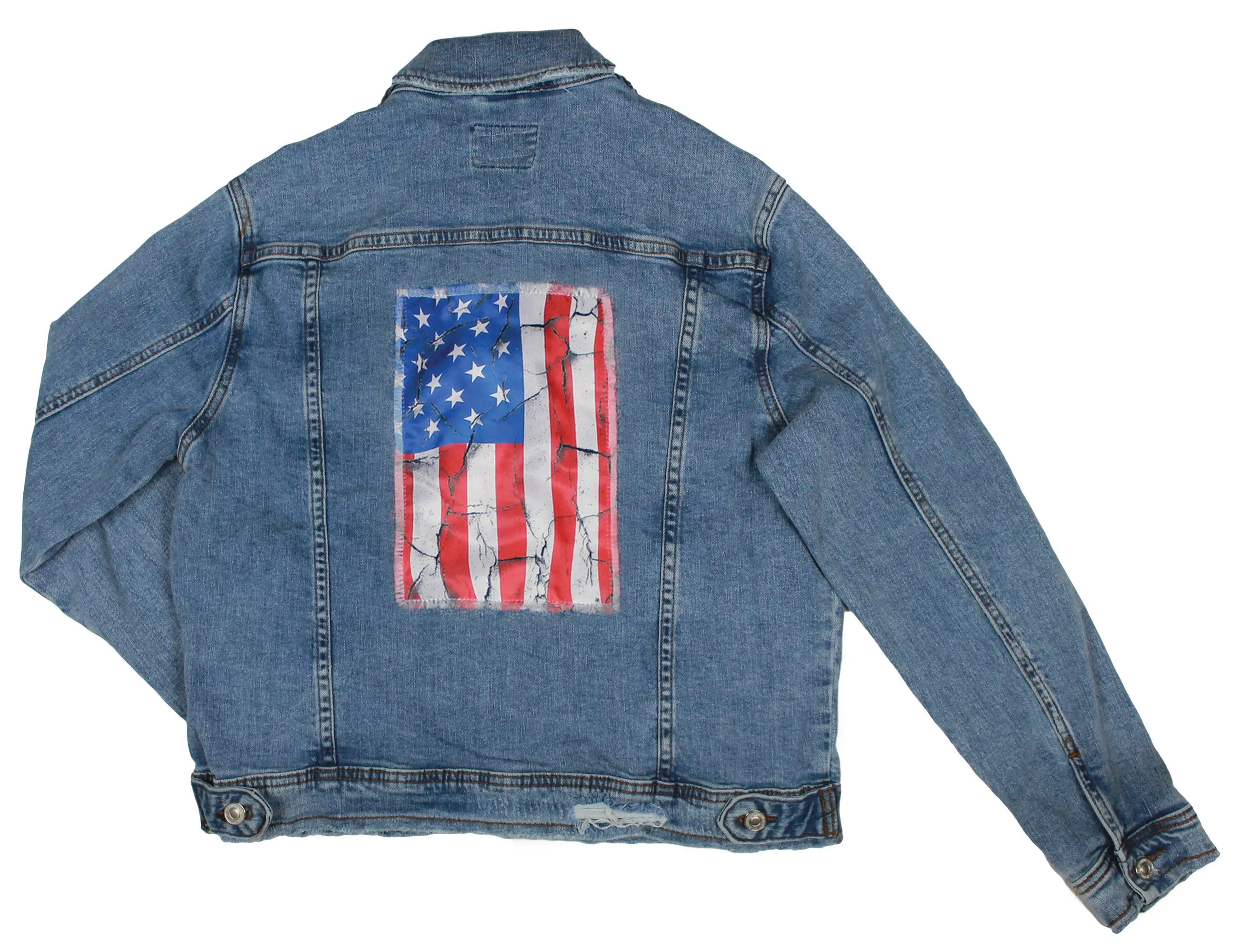RIPPED RAGS Women's Casual Bruised Not Broken Distressed Denim Coat, Long Sleeve Cotton-Spandex Fabric with Frayed Stars and Stripes Commemorative Patch, Women's Casual Jackets