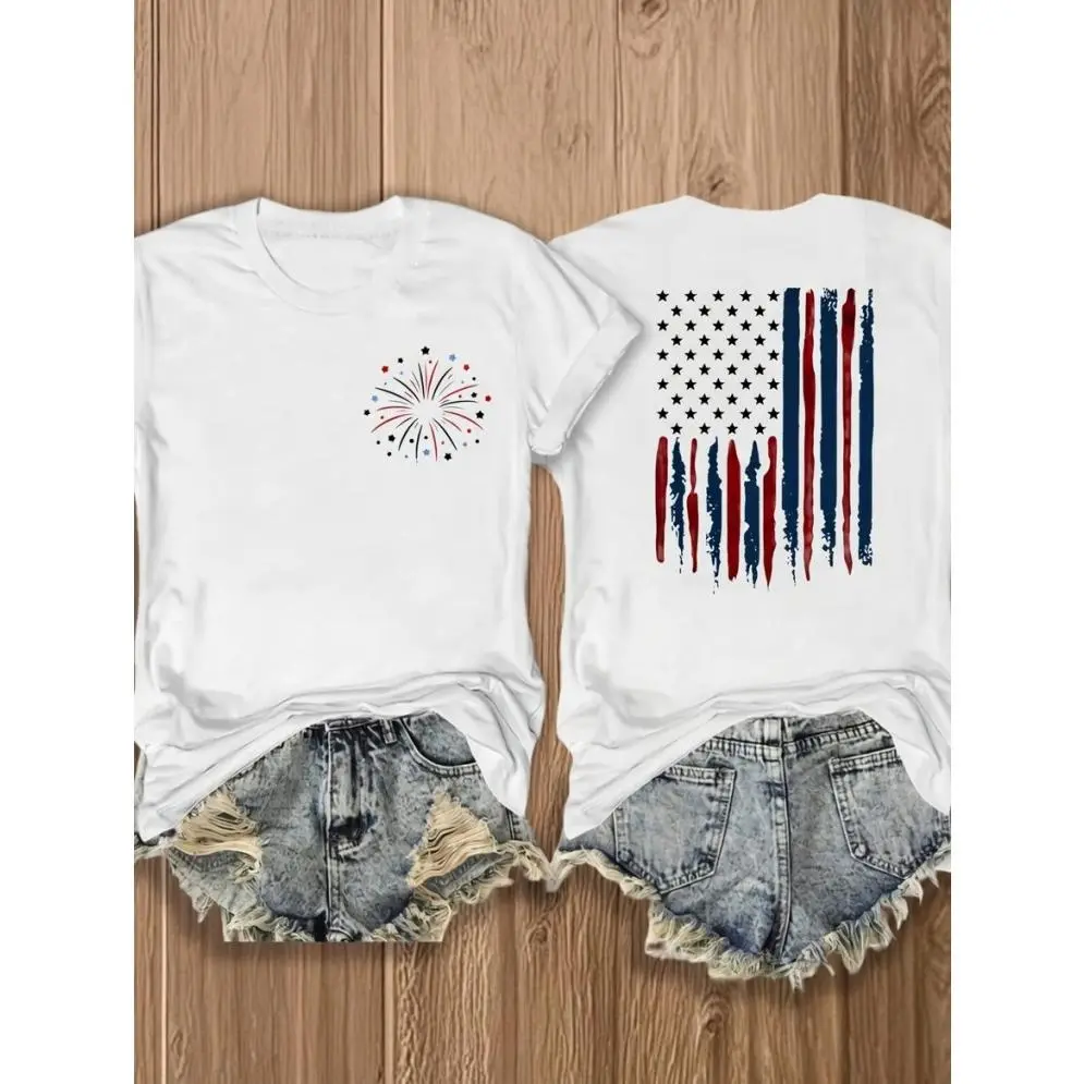 Women's Patriotic Graphic T-Shirt - Casual Vibe, Relaxed Fit Streetwear Crewneck, Heavyweight Drape Fabric Piece, USA Flag Print Summer Sports Top Essential, Round Neck