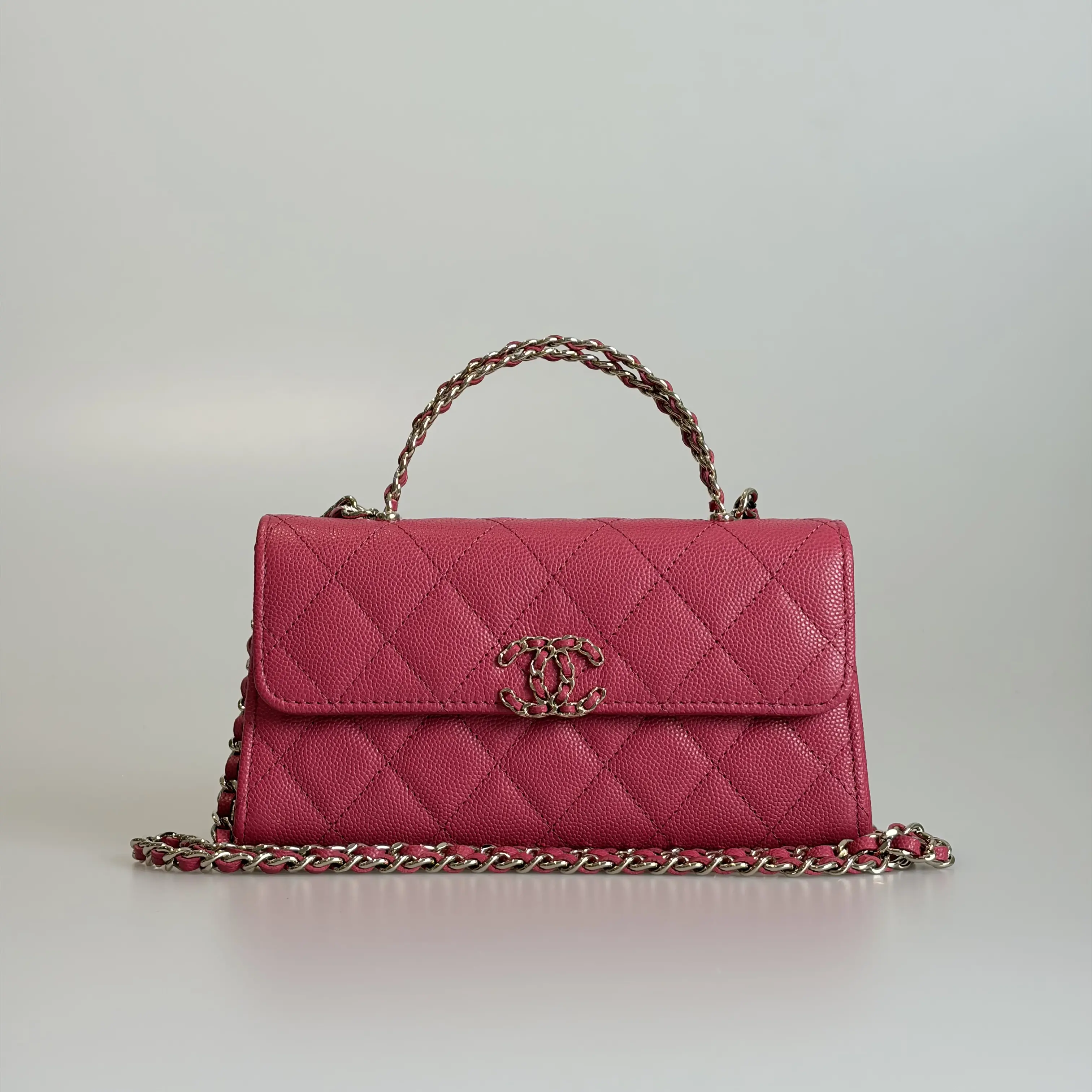 Pre-owned CHANEL Caviar Calfskin Crossbody Bag Kelly Wide Large Size Fuchsia Quilted Cross Top Handle Gold‑Tone Hardware 90172692 Sold As Is / Final Sale