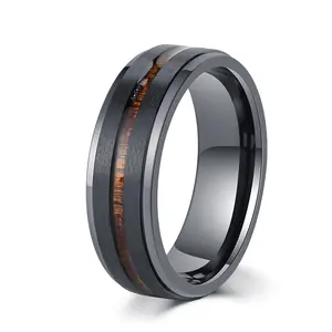erchPhi 8MM Mens Wedding Band Black Zirconium Ring KOA Wood Inlay Stepped Edge Unisex Promise Ring for Him and Her