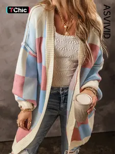 Plaid Drop Shoulder Sleeve Knit Cardigan, Casual Long Sleeve Open Front Sweater, Women's Fashion Pullover for Fall & Winter