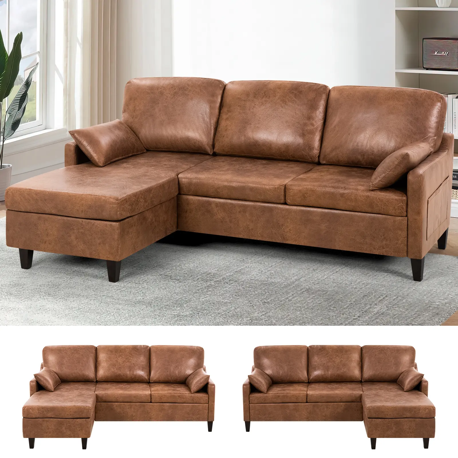 ACMEASE 76" Sectional Sofa Couch with Reversible Chaise, Suede Leather L Shaped Sofa w/USB Charger Ports & Storage Bag, Convertible Modern Couch w/Storage Space for Living Room, Small Space