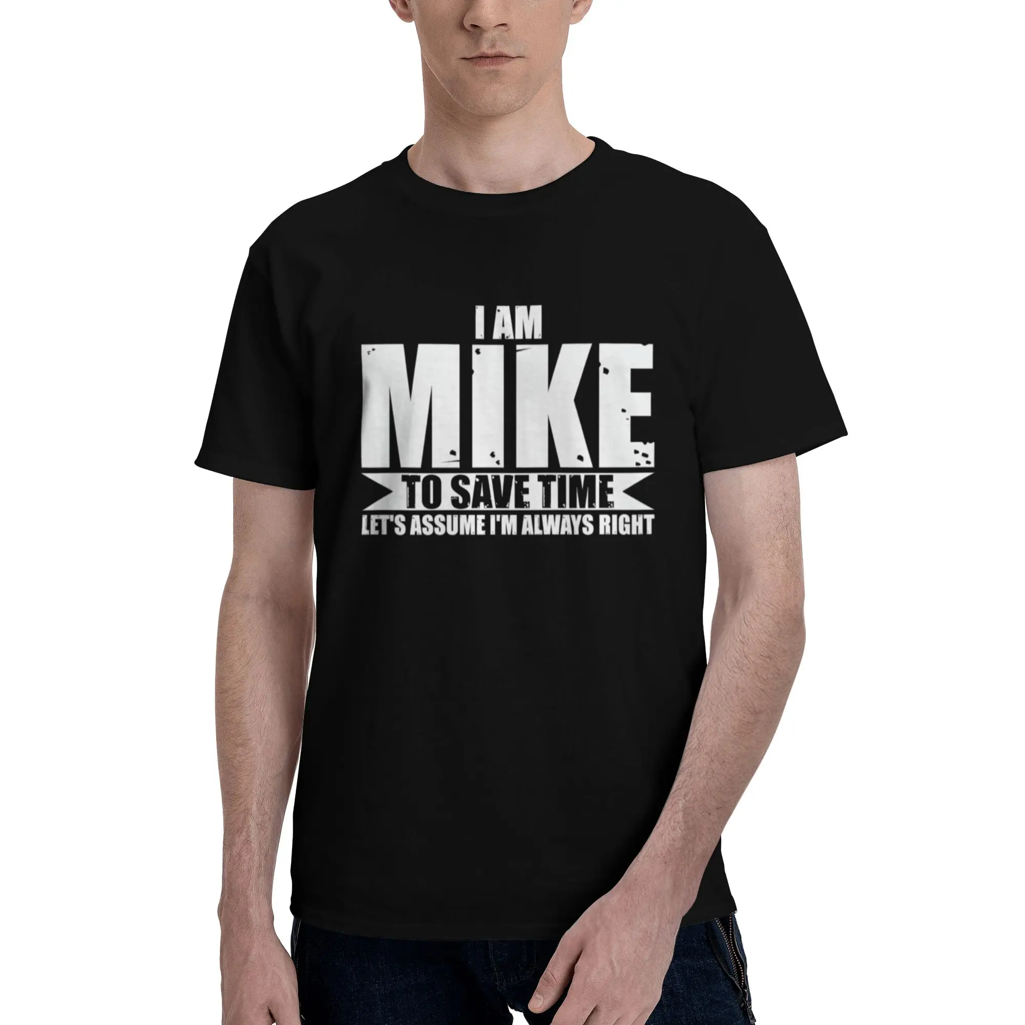 Men's and Teens' Stretch Fabric - Regular Fit Crew Neck Tee - 1 Mike Humor T-Shirt with "I Am MIKE" Print - Black - Casual Outdoor Wear - Machine Washable - Bold Text Shirt - Comfortable Fit