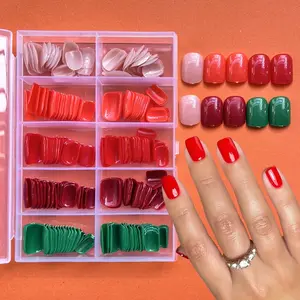 240Pcs Dark Green Press on Nails Short Square, Fall Colors Trendy Artificial Nails Press ons Christmas 5 Colored Red Salon Quality Durable Design Reusable Fake Nails Short Coffin Nails