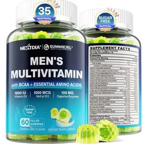 Methylated Multivitamin for Men Gummies, BCAA Amino Acids, Zinc, Daily Vitamin A C D3 E K2 B Complex, Calcium, Magnesium, Lycopene, Digestive Enzymes - Energy, Immune, Muscle- Sugar Free, Vegan, 60Cts