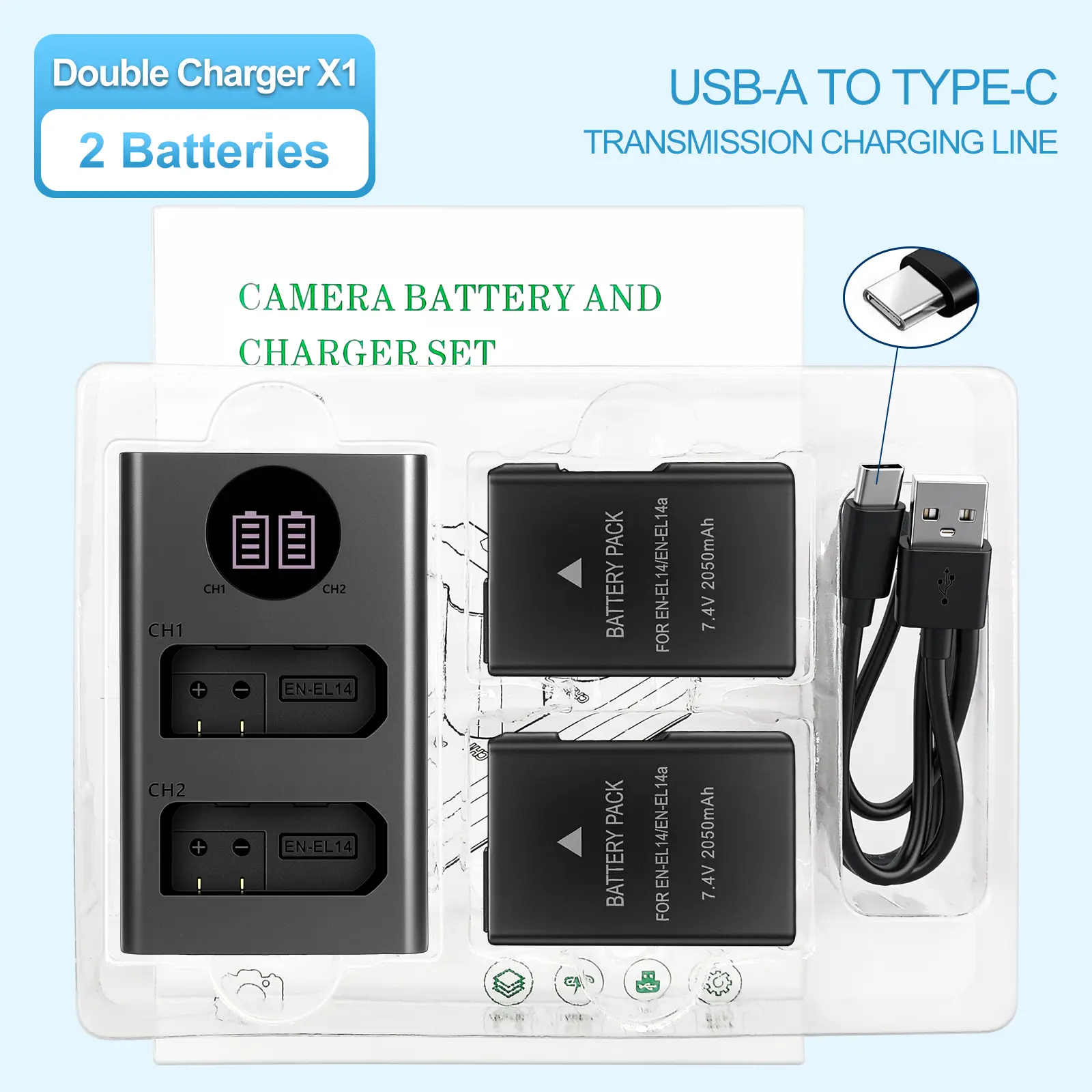 2-pack EN-EL14 batteries with dual-slot USB charger, compatible with Nikon models: D3100 / D3200 / D3300 / D3400 / D3500 / D5100 / D5200 / D5300 / D5500 / D5600 / P7000 / P7100 / P7700 / P7800 cameras ...