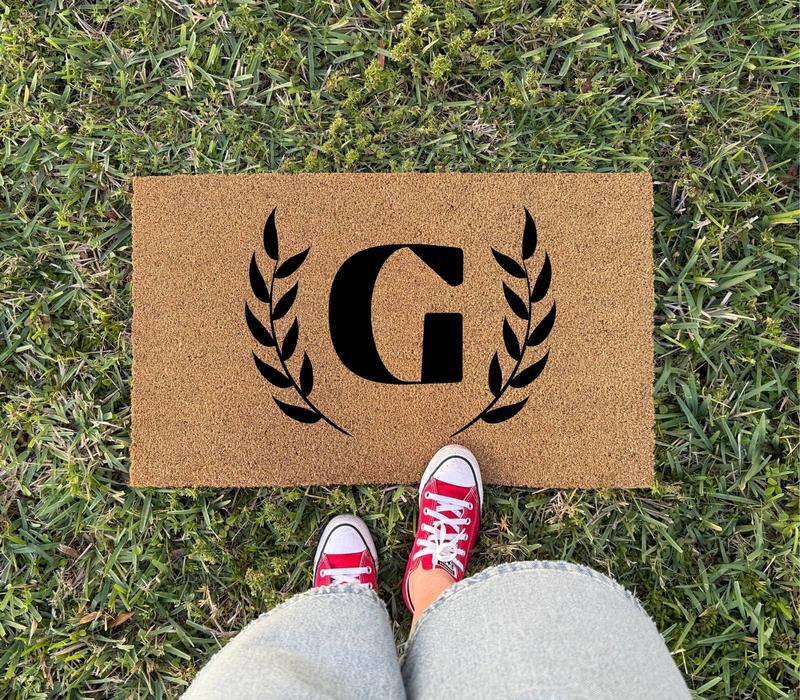 Personalized Monogram Doormat with Wreath Frame Natural Coconut Coir 3 Sizes 16x24 17x30 24x36 Long Lasting Durable Anti-Slip Backing