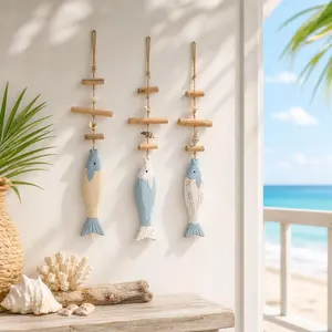Coastal Wooden Fish Wall Hanging Nautical Beach Decor with Shells, Handmade Jute Rope Ornament for Home Bathroom