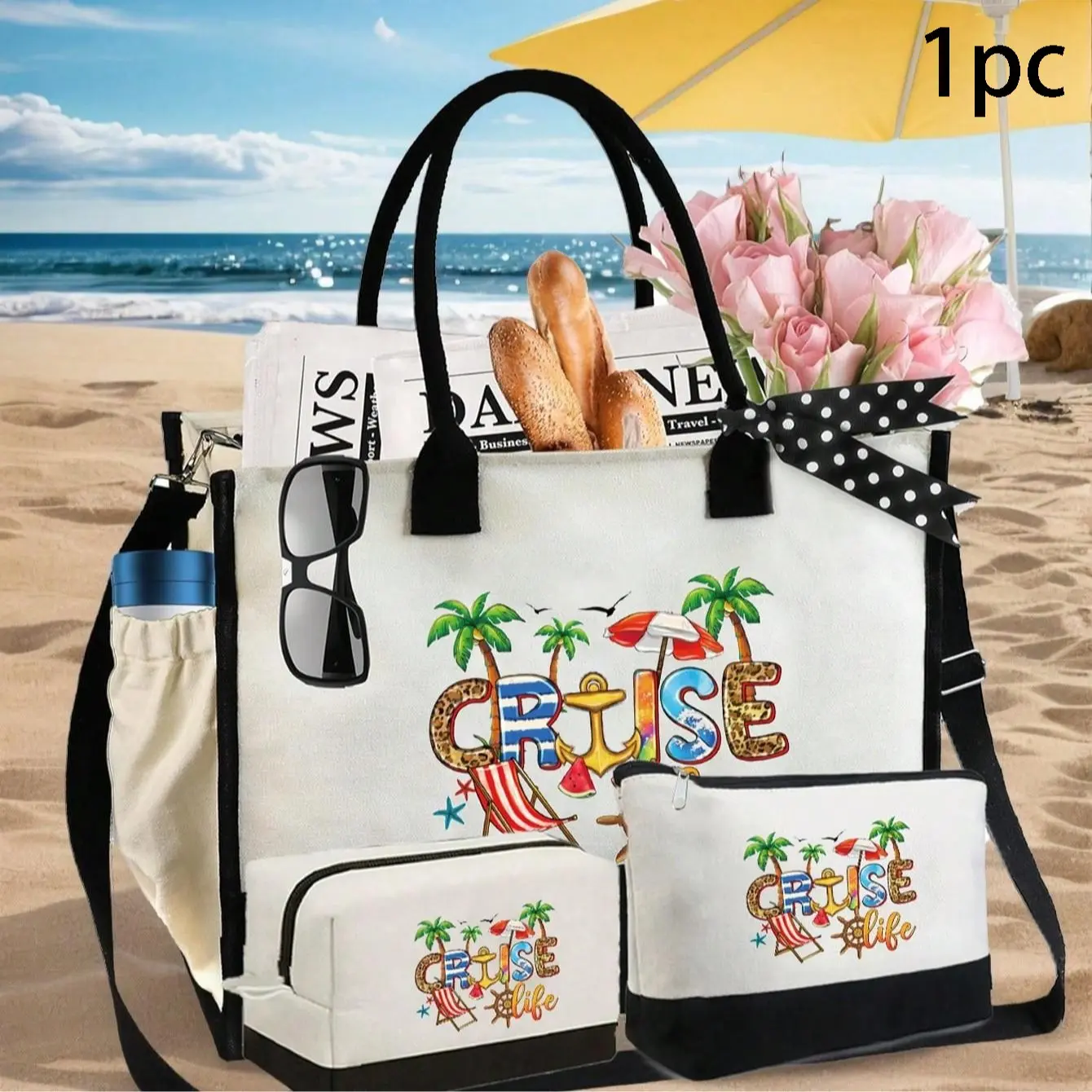 Women's Beach Handbag Set with Cruise Print, Large Capacity Bag and Two Makeup Bags, Perfect for Holidays, Weddings, Birthdays, Gifts, Beach Purse