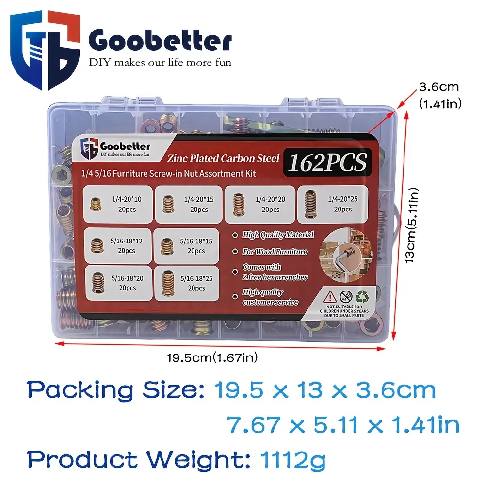 162Pcs Threaded Insert for Wood Hex Drive WoodinsertsFurniture NutsCarbon Steel Color Zinc Plated Furniture ScrewAssortment Kit.Fastener Connector Hex Socket, including2pcs (M6+M8)Hex Wrench,Used To Repair Furniture Such AsBed Boards Chairs Sofas Etc