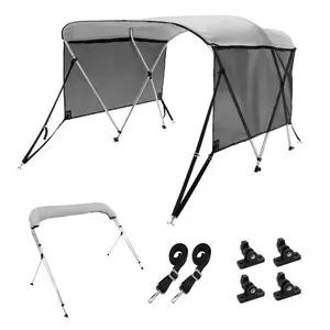 3 Bow Bimini Top Boat Cover, Detachable Mesh Sidewalls, 600D Polyester Canopy with 1 Aluminum Alloy Frame, Includes Storage Boot, 2 Support Poles, 2 Straps, 6'Lx 46Hx 61-66W, Light Grey