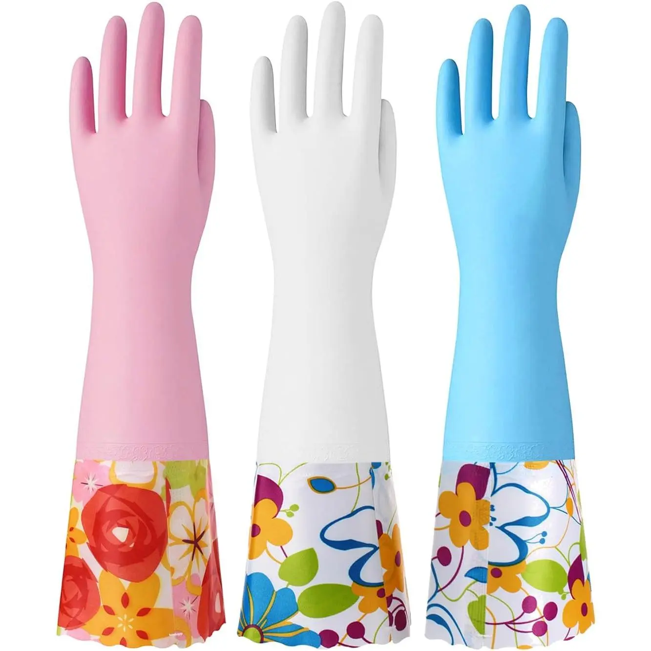 Unisex 3-Pair Multi-Pack Rubber Household Cleaning Gloves, 16-In Long Cuffs, Cotton Liner, Reusable Non-Slip Kitchen Dishwashing Gloves (Medium, Blue+Pink+White), Dish Washing
