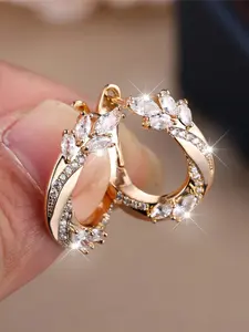 Charm Female White Synthctic Crystal Zirconia Stone Wheat Hoop Earrings Gold Color Simple Wedding Jewelry For Women Artificial Zirconia Earrings