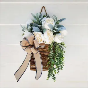Cream Hydrangea Door Hanger Basket Wreath, 2026Newest Wildflowers Door Hanging Basket Wreath, Front Door Beautiful Artificial Spring and Summer Welcome Sign, Home Porch Farmhou Front，fake flowers for outdoor，cottage core decor