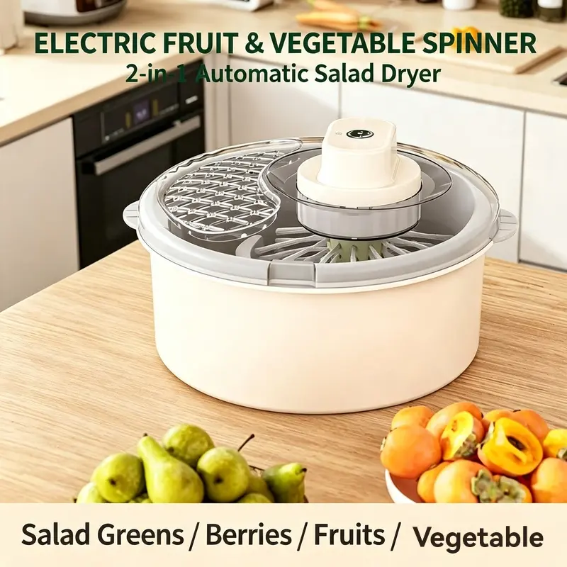 Electric Fruit & Vegetable Spinner - 2-in-1 Multifunctional Automatic Salad Dryer with 12 Matrix Soft Brushes, 1-Touch Centrifugal Colander Drain Basket, Detachable Lightweight Kitchen Washing & Dehydrating Tool for Salad Greens, Berries