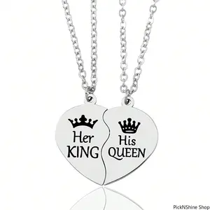 Her King His Queen Stainless Steel Pendant Necklace, Heart Matching Couple Necklaces, Romantic Jewelry Gift For Lover Boyfriend Girlfriend