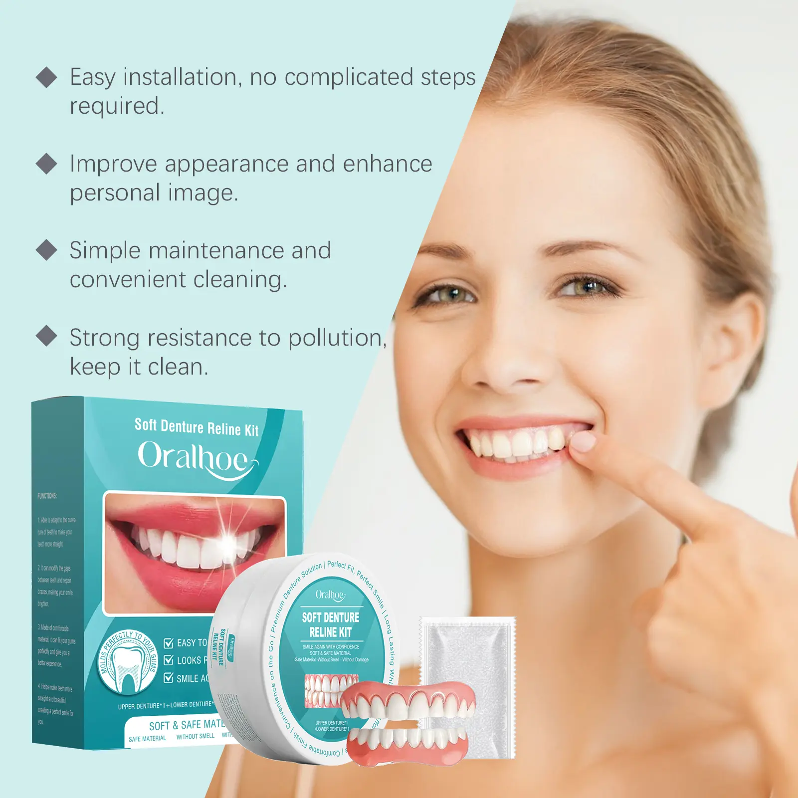 Refresh your smile with Oralhoe Cosmetic False Teeth Kit. Soft removable covers deliver effortless natural charm for all social occasions. Limited offer: Buy 1 Get 1 Free, 2 sets. It only tightens loose dentures and cannot be worn alone.