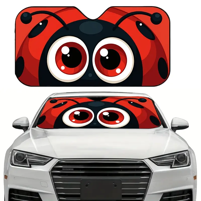 This Is a Foldable Car Sun Visor, Sun Visor For Car Windshield, Featuring a Cartoon Ladybug Design, Available in Various Sizes, Easy to Store, Fits Most Car Models, And Helps Maintain Privacy While Also Serving As a Decoration for Your Vehicle