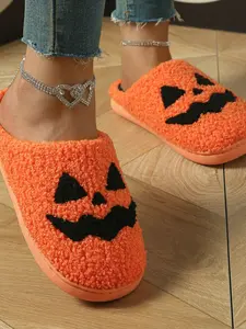 Halloween Pumpkin Face Plush Slippers, Teddy Velvet Super Soft, Contrast Embroidered Ghost Face, Thick Warm Lining