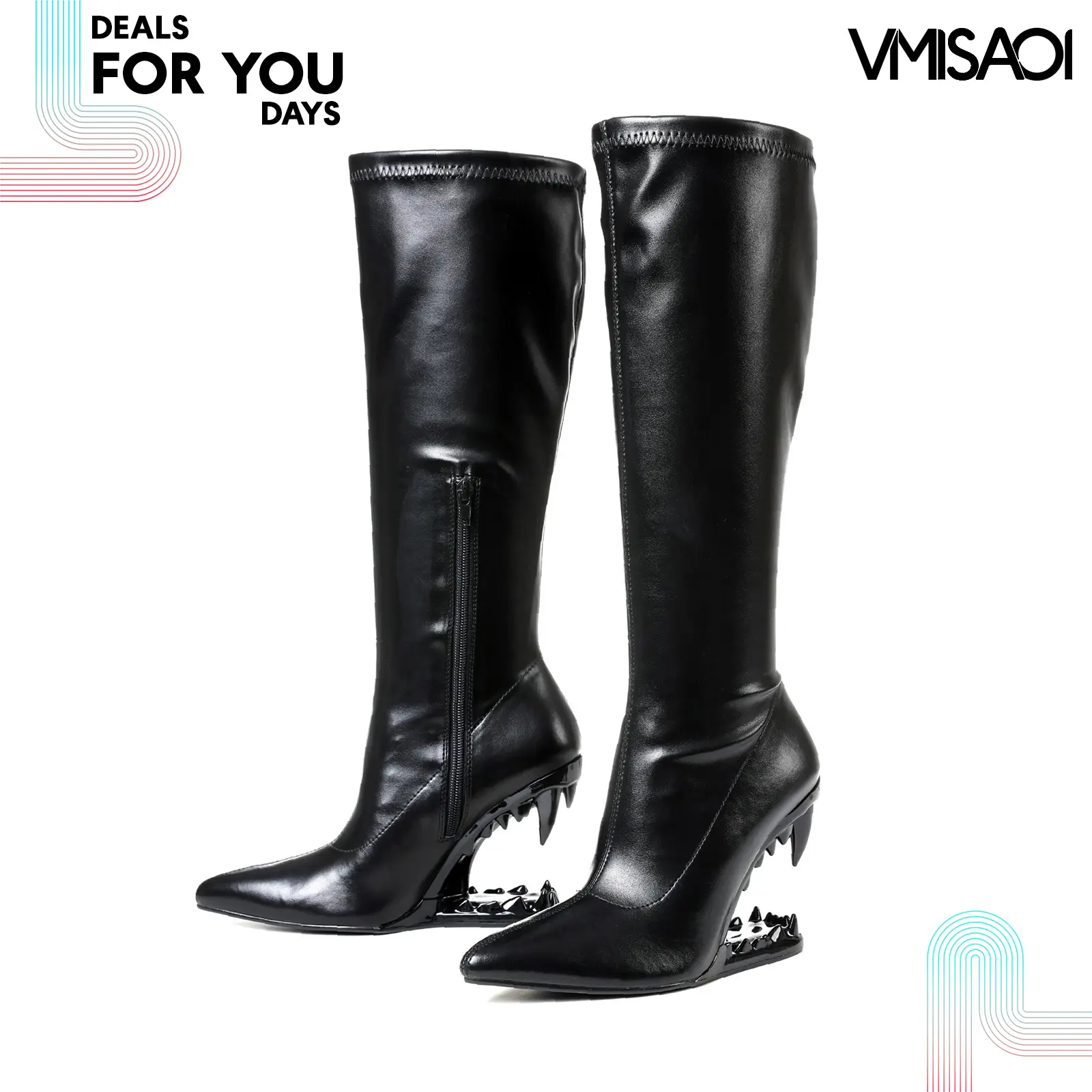 Women Morso Heel Knee High Boots Pointed Toe Tiger Teeth Shark Heel Side Zipper Pull On Comfortable Wedding Party Dating Outing Holiday Concert Graduation Fashion Tall Boots Deals For You Days
