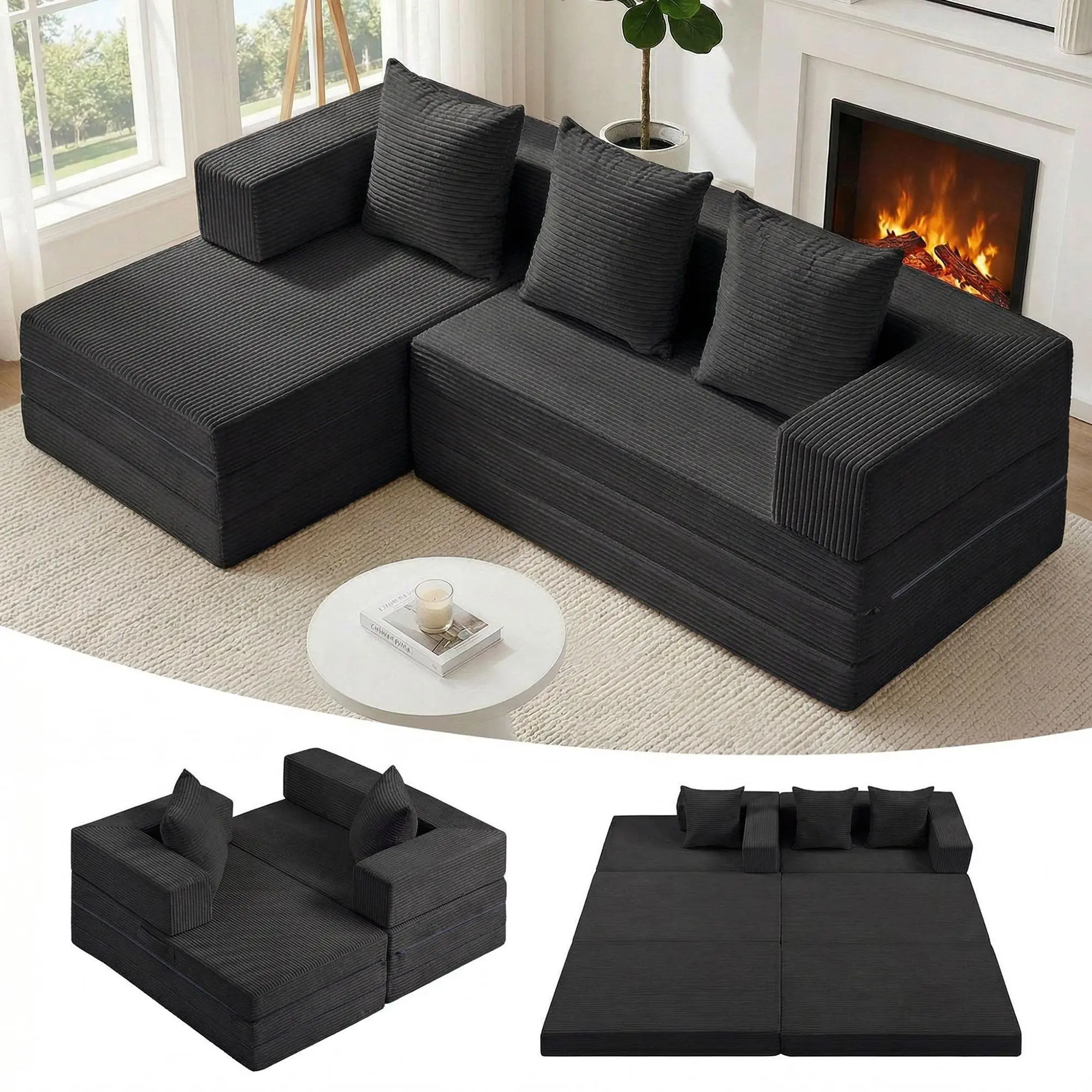 Winzoo L-Shaped Modular Boneless Sectional Couch - Tri-Fold Corduroy Cloud Sofa, Oversized Armless 4-in-1 Multi-Function 3-in-1 Foldable Adjustable Bed Convertible Sleeper, No-Assembly All Black Sofas & Couches for Small Living Room Watch Parties, Watch P
