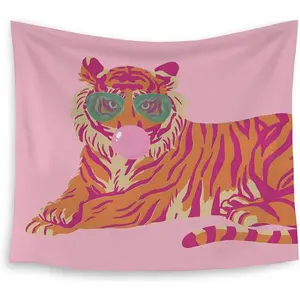 Trendy Preppy Orange Tiger Tapestry, Coquette Pink Tapestry Wall Hanging, Cute Girly Aesthetic Tiger Wall Blanket Backdrop Decor for Girls Room College Dorm Mixed Color