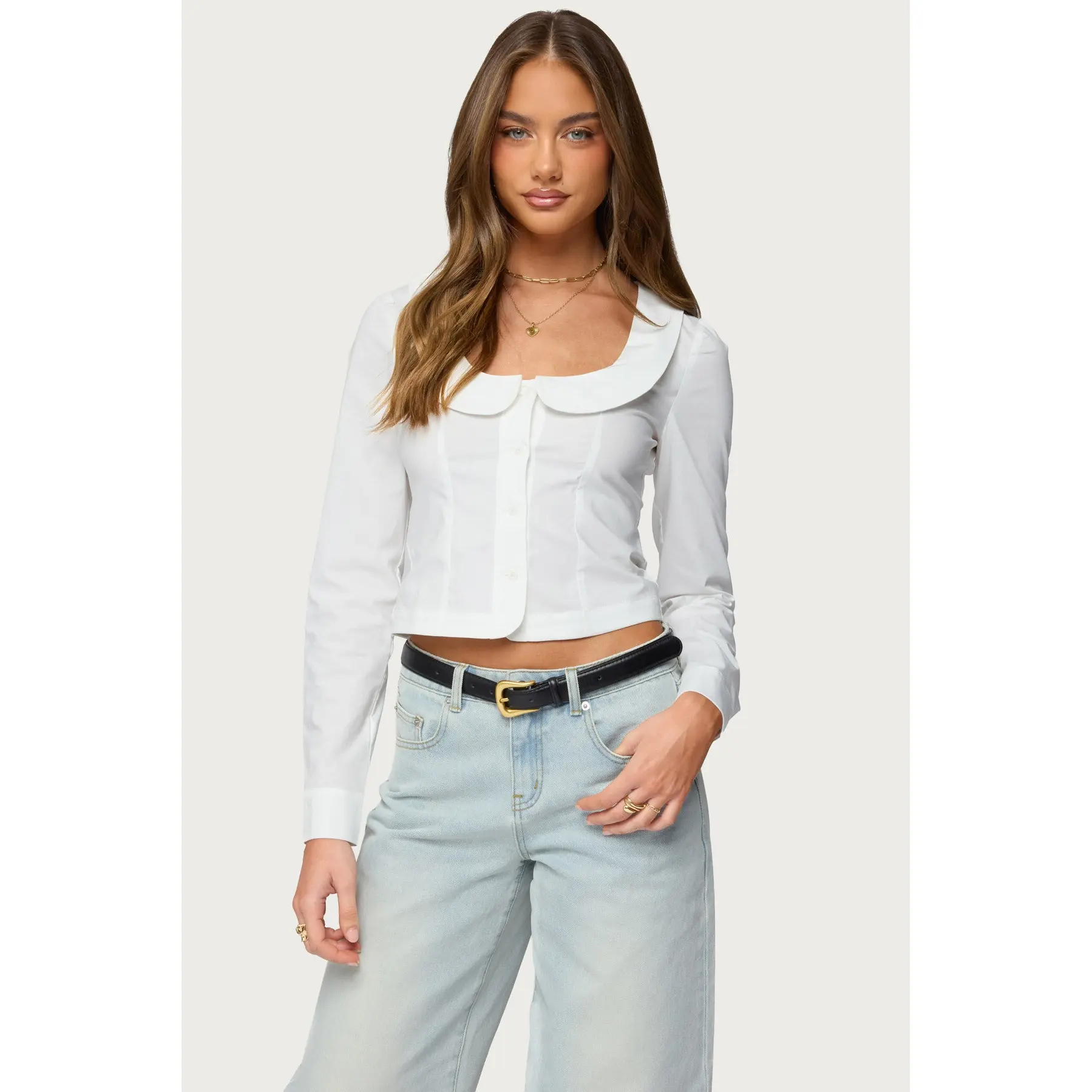 Scoop Neck Tailored Button Up Shirt