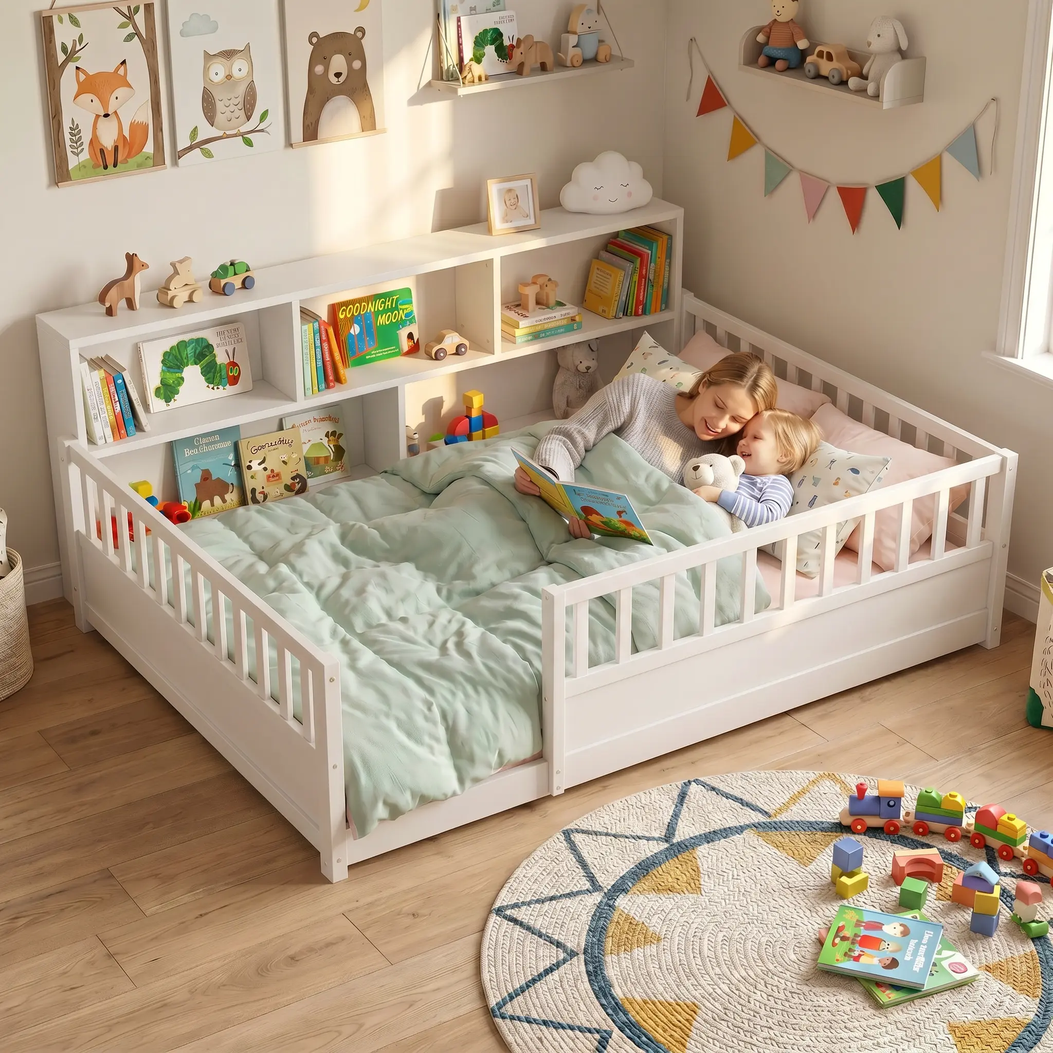 Full Size Floor Bed with 21.4" High Solid Guardrail & 2-Tier Storage Cabinet, Premium Pine Wood Bed Frame for Kids, Boys and Girls Room Transition, White