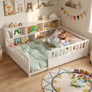 Full Size Wooden Floor Bed with 21.4" High  Fence Guardrails & Side Storage Shelf, Montessori Low Platform Pine Wood Bed Frame in White or Natural Wood, Kids Bed with Open Entry, Safe & Easy Assembly