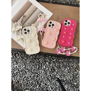 Phone Case - Cute Little Daisy Macaron Wavy Protective Phone Case, with a Bow Bracelet, Suitable for Apple 11, 12, 13, 14, 15, 16, Samsung A51, A52, A53, A54, A55, A56 S20 S21 S23.S24S25, A31, A32, A33, Redmi And Other Mobile Phone Models