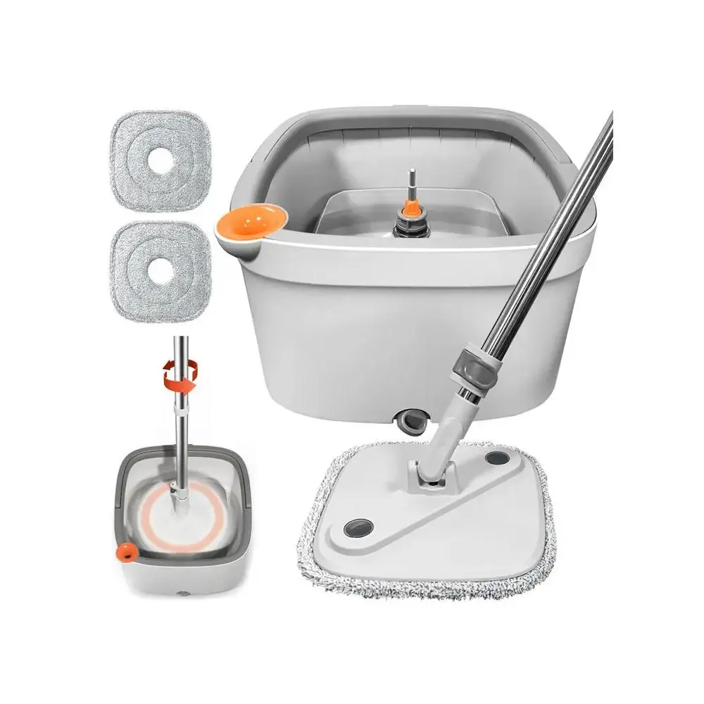 Spin Mop and Bucket System with Dual Compartment Mop Bucket & Thick Washable Microfiber Pads for Home Cleaning Household Items