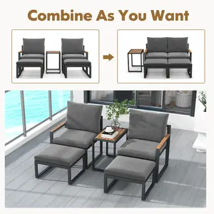 COSTWAY - 5 Pieces Aluminum Frame Weatherproof Outdoor Conversation Set with Soft Cushions-Gray