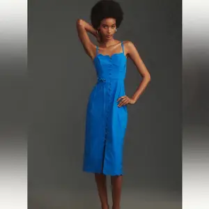 Anthropologie cobalt blue midi dress, brand new with tags originally $168!!! Size 10. Flattering scallop neckline + hem, button front, and adjustable spaghetti straps chic, and perfect for wedding guest dress vacation day-to-night sorority formal