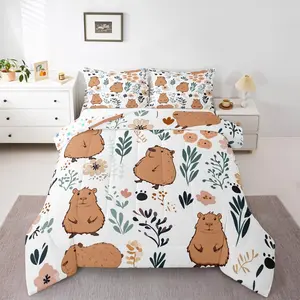 Capybara Bedding Set - Cute Capybara & Flowers Comforter Set for Kids,Durable Quilt Set