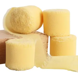 4 Rolls Silk Chiffon Ribbon, 1-1/2 Inch x 22yds, Cream Yellow Chiffon Ribbons, Handmade Fringe Silk Ribbon Frayed Edges for Gift Wrapping Bridal Bouquets Wedding Invitations Decoration Crafts