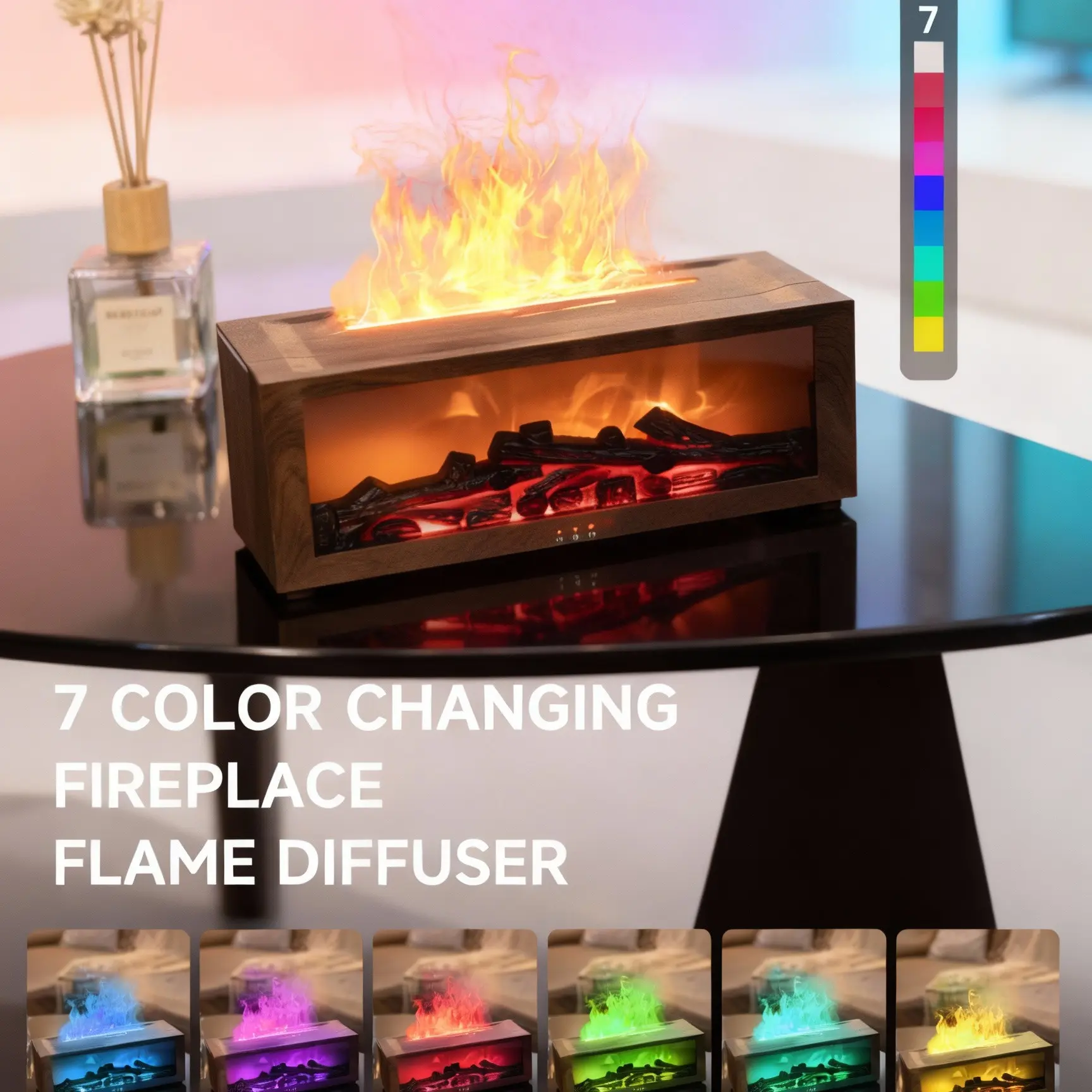 A4 Upgrade Seven-Color Flame Aromatherapy Diffuser, Cool Mist Humidifiers, 150ML USB Cool Mist Fireplace Flame Humidifier with Timer and Automatic Shut Off, Quiet Design for Bedroom Office Home, Desktop Flame Humidifier, Usb Powered Humidifier